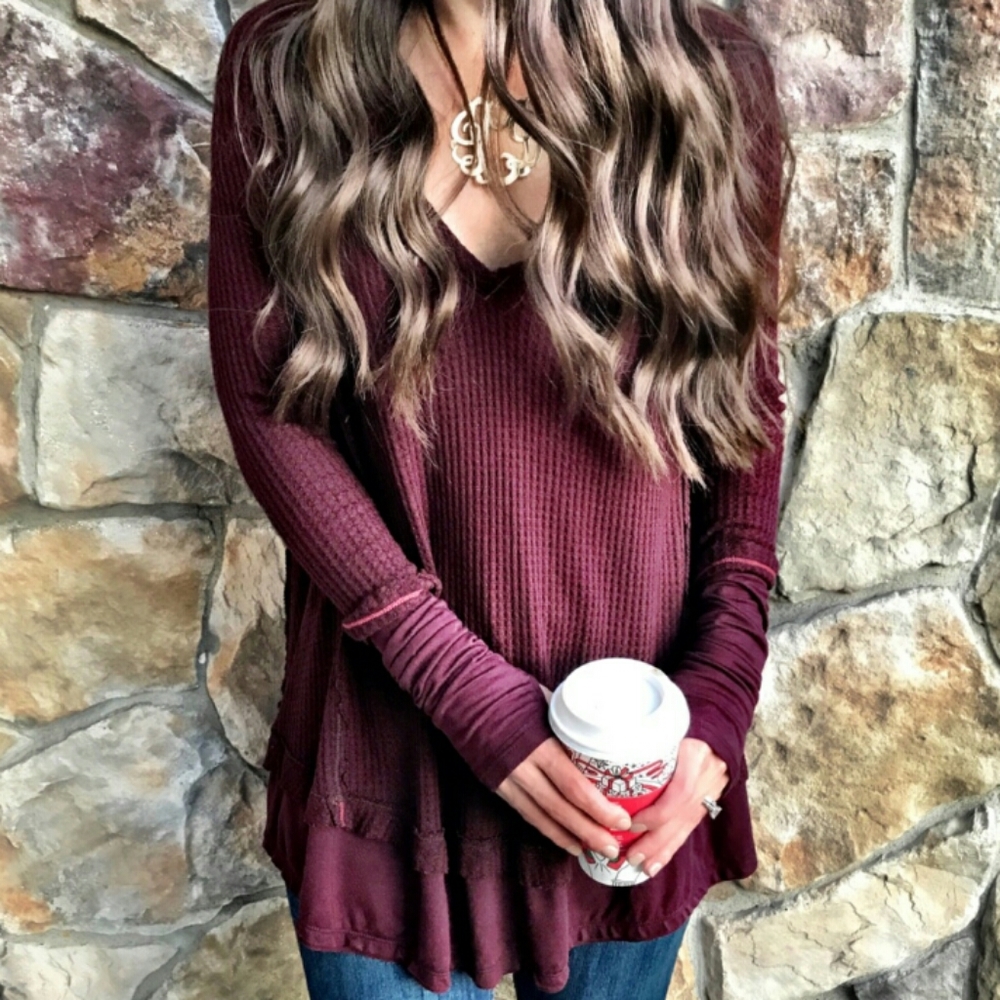 Free People Burgandy Boho Thermal Thumbholes Tunic Laguna Small